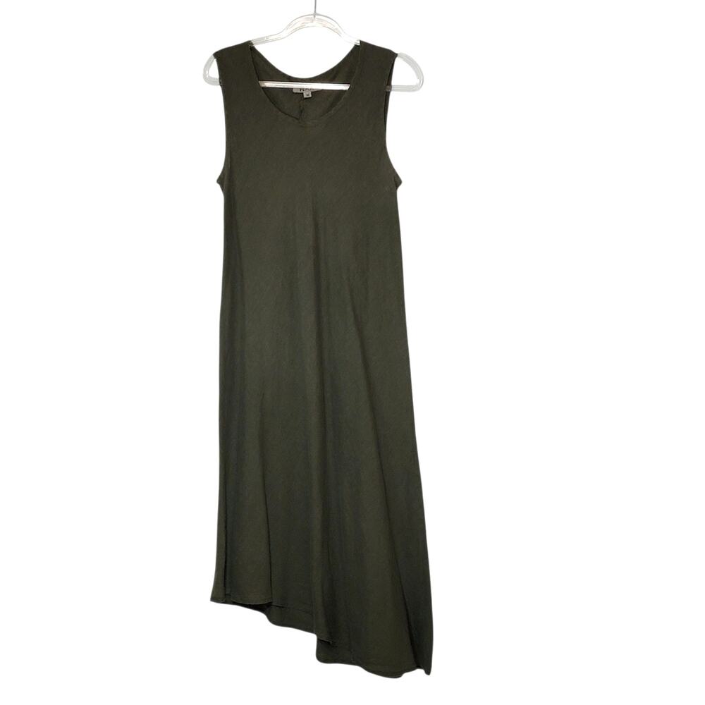 FLAX Linen Maxi Dress Olive Brown Earth Tone Sleeveless Asymmetrical Hem M